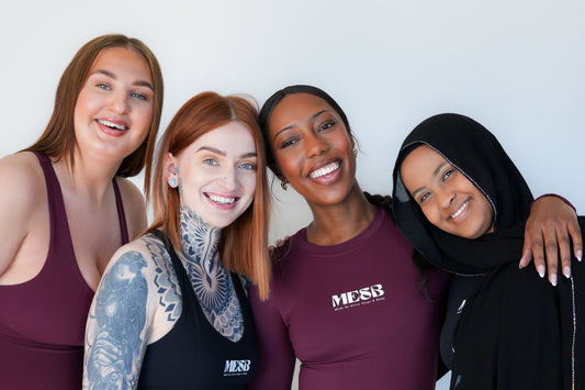 Four models wearing both sets from MESB